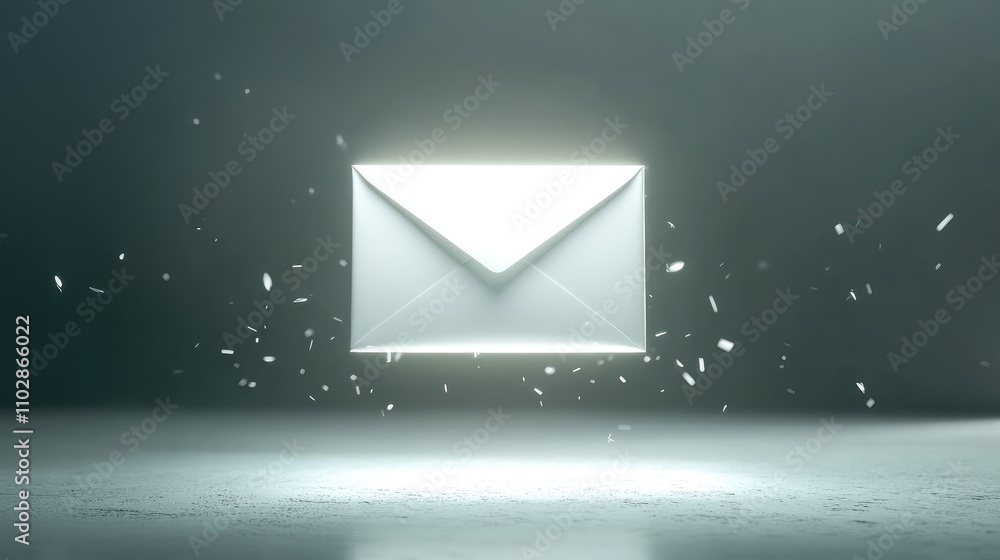 Poster floating envelope with light effect against a dark background, symbolizing communication, technology