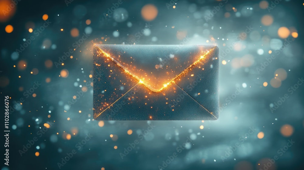 Poster glowing envelope surrounded by sparkling particles in a dreamy atmosphere of light and colorful boke