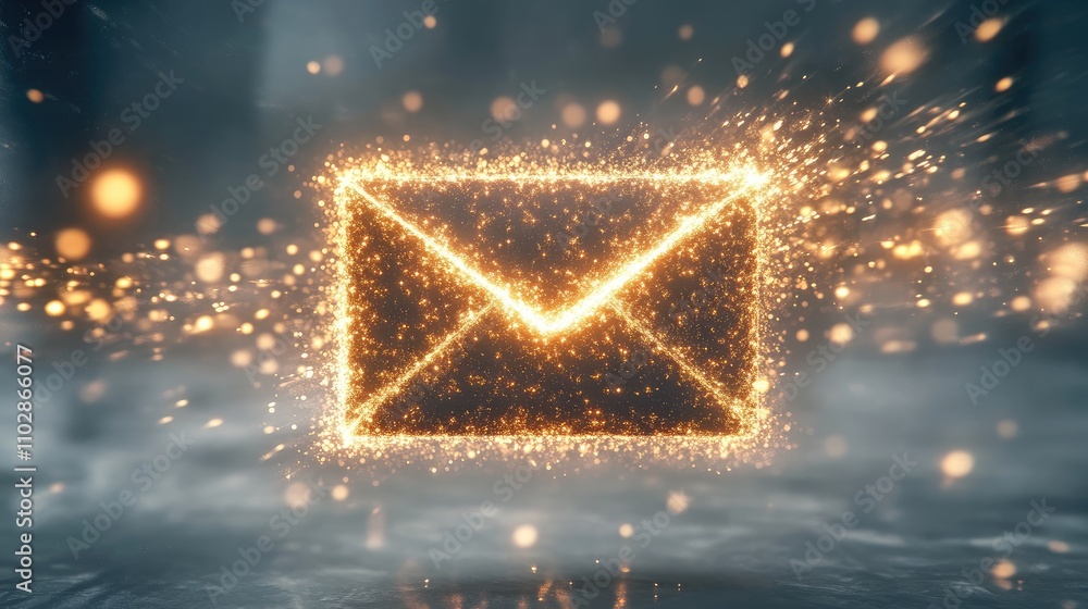 Poster glowing sparkling mail icon with shimmering effects and light trails in a magical ethereal environme