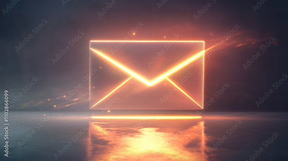 Poster glowing neon envelope with light effects on a dark background representing email communication and d