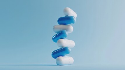 A stack of blue and white capsules arranged in a slightly tilted tower formation