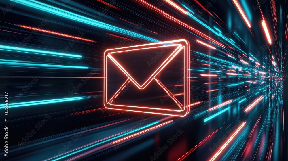 Poster neon envelope icon glowing in motion with blue and red light trails representing digital communicati