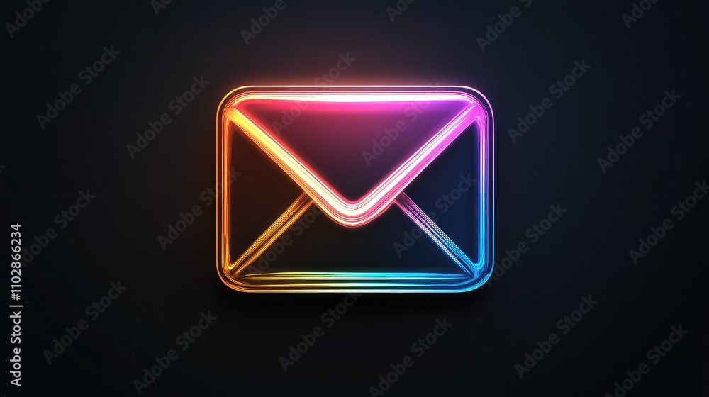 Poster colorful neon email icon on dark background representing modern communication technology and digital