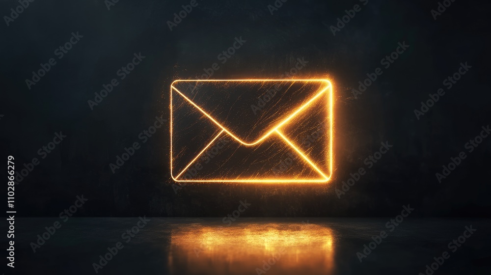 Poster glowing neon envelope icon against dark background representing digital communication and email corr