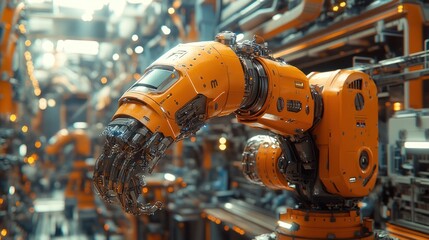 Robotic arms assembling high-efficiency transformers in a hyper-detailed green energy factory.