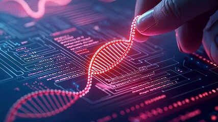A digital representation of DNA with a hand, the fusion of biology and technology.