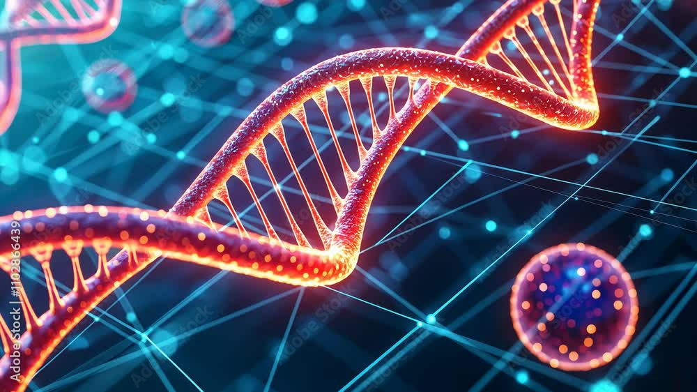 Poster a vibrant, digital representation of dna strands intertwined amidst a network of particles, genetic 