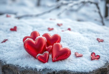 Fototapeta premium Romantic Red Hearts in Winter Snow Love Valentine s Day