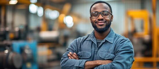 Fototapeta premium A smiling, confident African American man wearing glasses and a blue work shirt stands with his arms crossed in front of him in a factory setting.