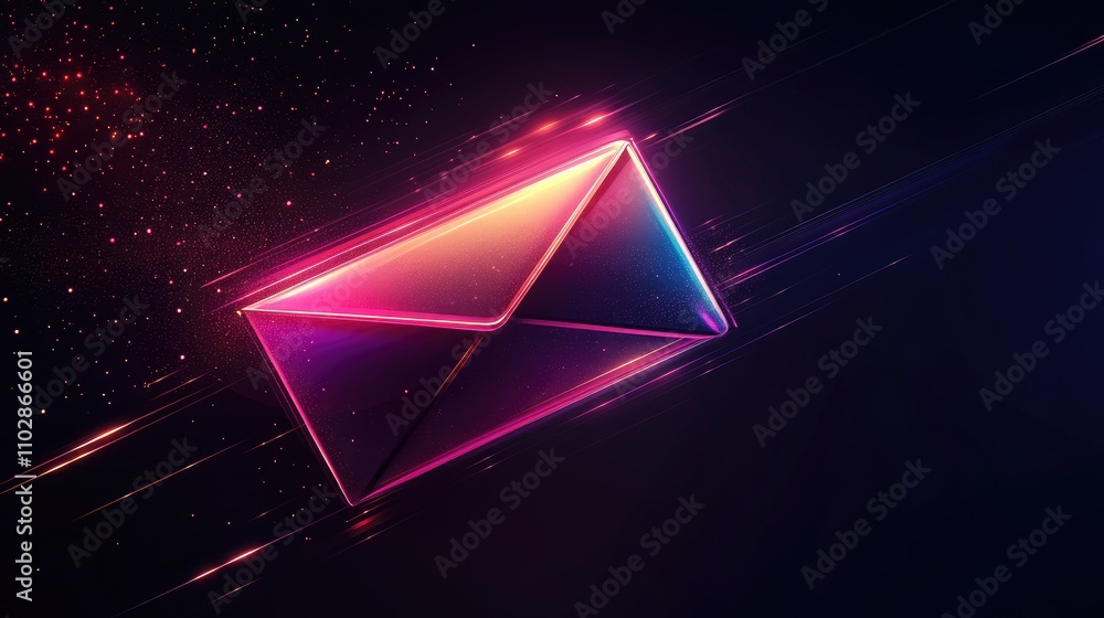 Poster futuristic neon envelope icon representing digital communication and message delivery in a dark spac