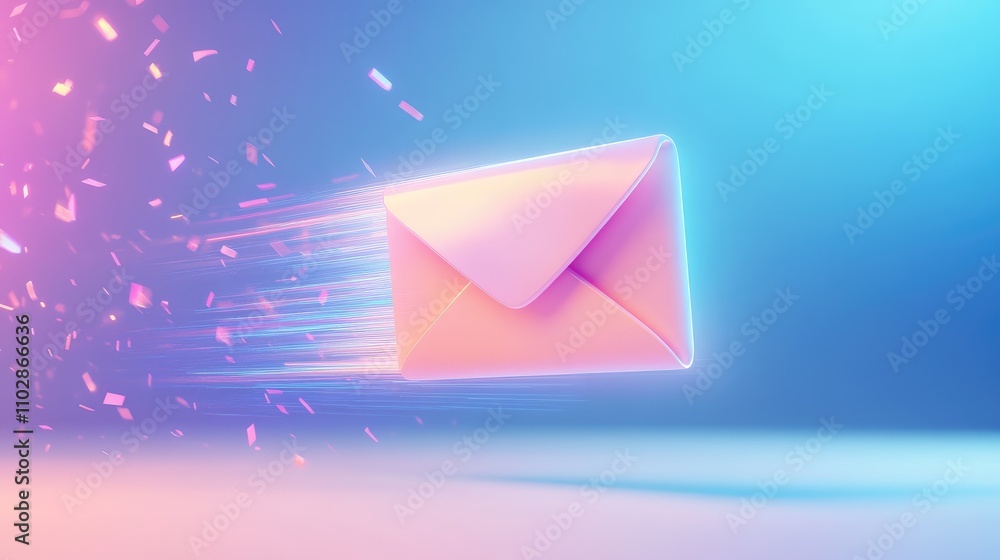 Poster fast-forwarding digital envelope with motion blur and colorful particles representing instant messag