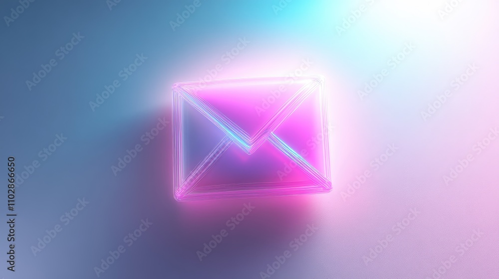 Poster neon envelope icon glowing in vibrant colors over a soft gradient background for modern digital comm