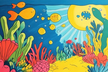 Colorful underwater scene with fish and coral in a vibrant cartoon style