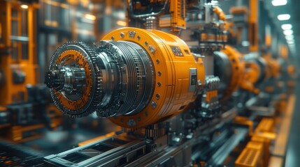 Robotic arms installing turbine blades on wind generators in a hyper-detailed factory environment.