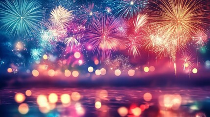 Vibrant Fireworks Over Reflective Lake, a dazzling display of colors illuminating the night sky, creating a festive atmosphere perfect for celebrations and joyful gatherings.
