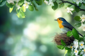 Fototapeta premium A bird is sitting on a nest in a tree