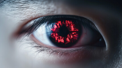 Naklejka premium Crimson Eye: Close-up of a human eye with vibrant red, almost fiery, detail in the iris. Intense gaze, mysterious and captivating. Perfect for fantasy, sci-fi, or thriller projects.