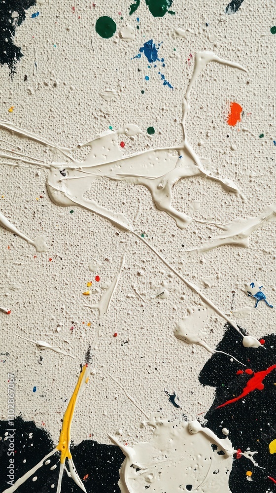 Poster abstract paint splatters on a textured surface, showcasing vibrant colors and dynamic lines.