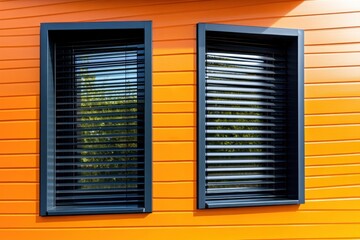 Fototapeta premium A vibrant orange wall with two black-framed rectangular windows featuring horizontal blinds
