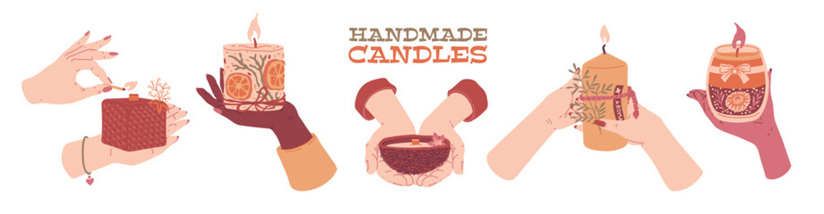 Aroma candles perfume fragrance in hands, burning candles decorated with rope bow and flowers, aromatherapy vector set © sabelskaya
