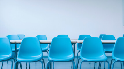 Fototapeta premium Empty Classroom with Blue Chairs and White Walls in a Minimalist Setting