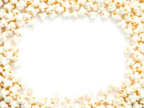 A creative frame made of fluffy popcorn on a clean white background with space for text, copy space, concept