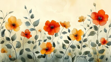 A watercolor illustration of vibrant flowers with green leaves against a soft background.