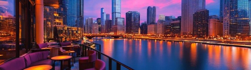 Obraz premium Vibrant urban skyline at dusk, illuminated skyscrapers reflecting on the river, creating a lively atmosphere full of energy and city life.