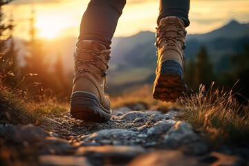 Hiking Boots on Rocky Trail at Sunset Adventure in Nature