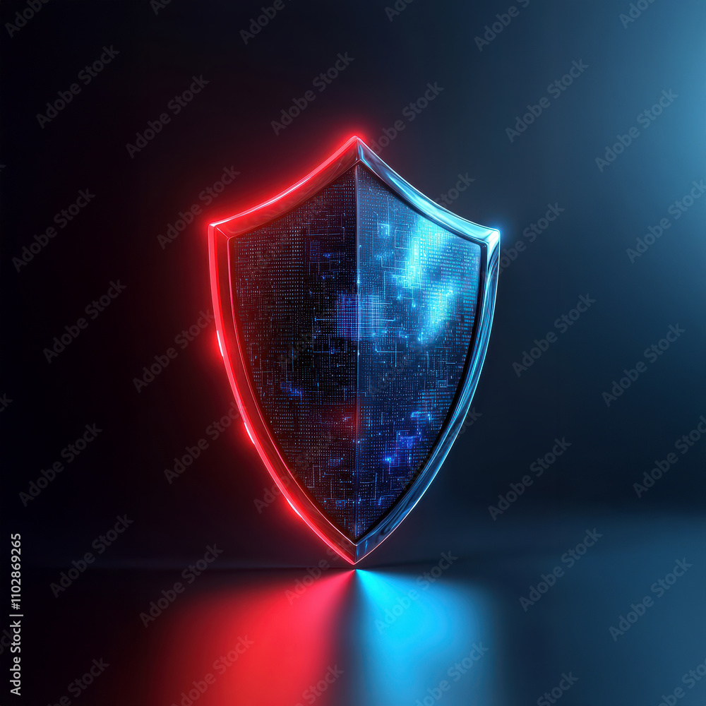 Aufkleber protection against hacking and cyber attacks concept. a futuristic shield illuminated with red and b