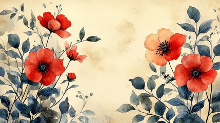 A watercolor illustration of vibrant flowers with leaves on a textured background.