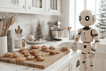 A kitchen featuring AI appliances assisting in baking holiday cookies, seamlessly blending cutting-edge technology with traditional Christmas warmth