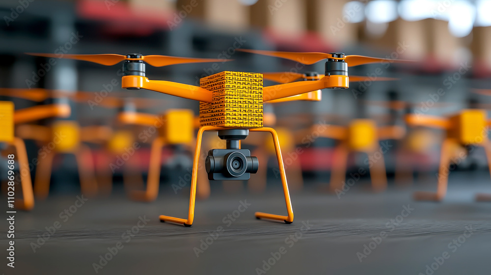 Poster digital presentation of logistics transportation concepts. a close-up view of an orange drone with a