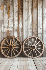 Obraz premium Rustic wooden wagon wheels against vintage wooden wall background