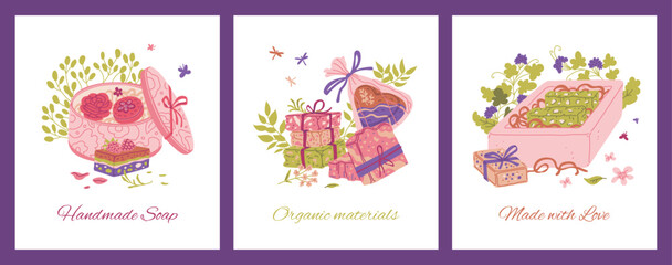 A collection of vector posters with handmade soap with natural ingredients and in beautiful packages