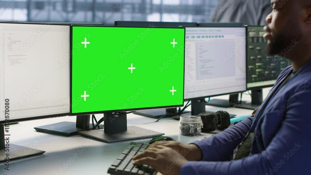 Poster engineer using green screen computer in server room, developing disaster recovery plans ensuring min