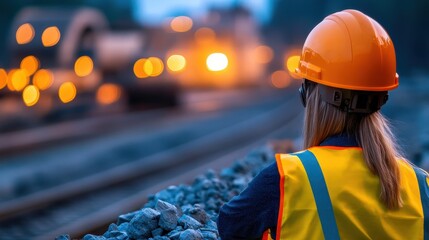 Construction worker watching busy railroad with safety gear at dusk