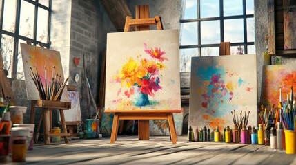 Vibrant Art Studio, a creative haven brimming with colorful canvases, assorted paint bottles, and brushes, inviting artistic expression and inspiration.