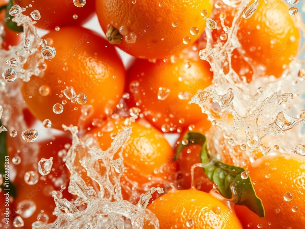 Poster a dynamic close-up shot of a splash of water colliding with a bunch of oranges, creating a refreshin