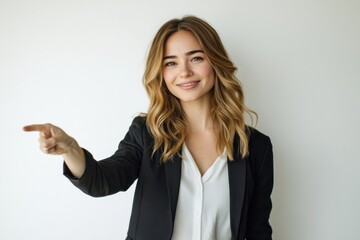 Fototapeta premium Beautiful young businesswoman pointing away and looking at camera with smile while standing against white background