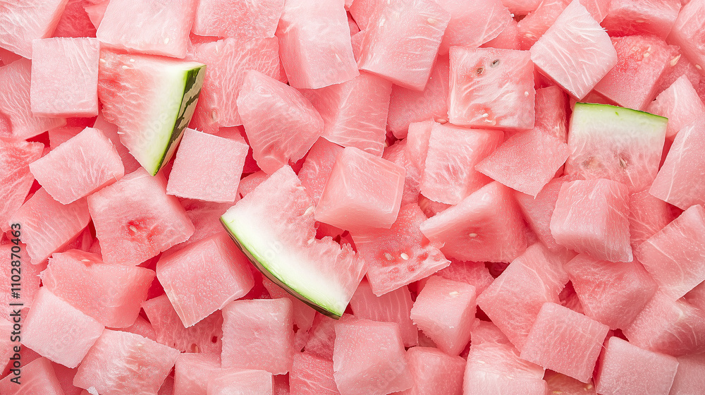 Poster watermelon cubes: a vibrant and refreshing background image showcasing a close-up of juicy, diced wa