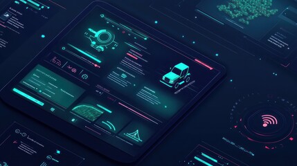 Precision agriculture app interface, vehicle tracking icons, high-tech aesthetic, modern gradients 