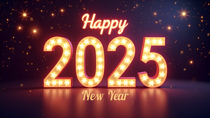 Happy New Year 2025 with glowing lights. Concept of celebration, party, and holiday.
