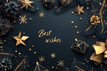 Golden christmas greeting card with decorative snowflakes, stars and pine branches wishing best wishes on a dark background