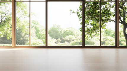 Serene Minimalist Interior: Expansive windows showcasing lush greenery, creating a tranquil and modern living space. The image's calm ambiance is perfect for design, architecture.
