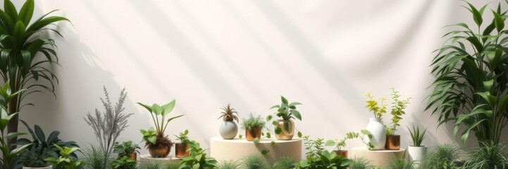 A green leafy background with a small green pedestal in the middle, perfect for showcasing products or objects with a nature-inspired setting, earthy, concept