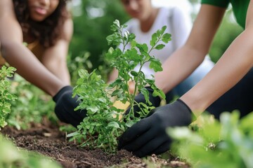 Three people are planting a tree in a garden