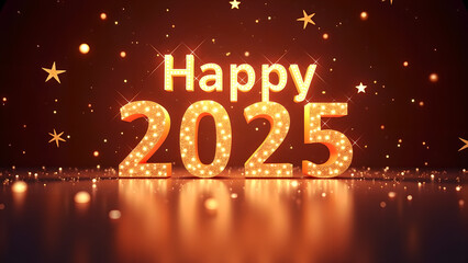 Happy New Year 2025 Celebration. Festive 3D Render with Golden Lights.
