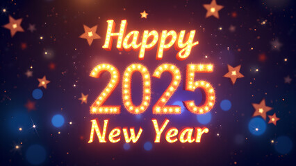 Happy New Year 2025 with glowing lights. Concept of celebration, party, and holiday.
