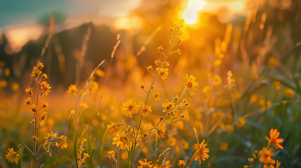 Abstract soft-focus sunset field landscape with yellow flowers and grass meadow during the warm golden hour at sunrise or sunset; tranquil spring-summer nature closeup with a blurred forest background